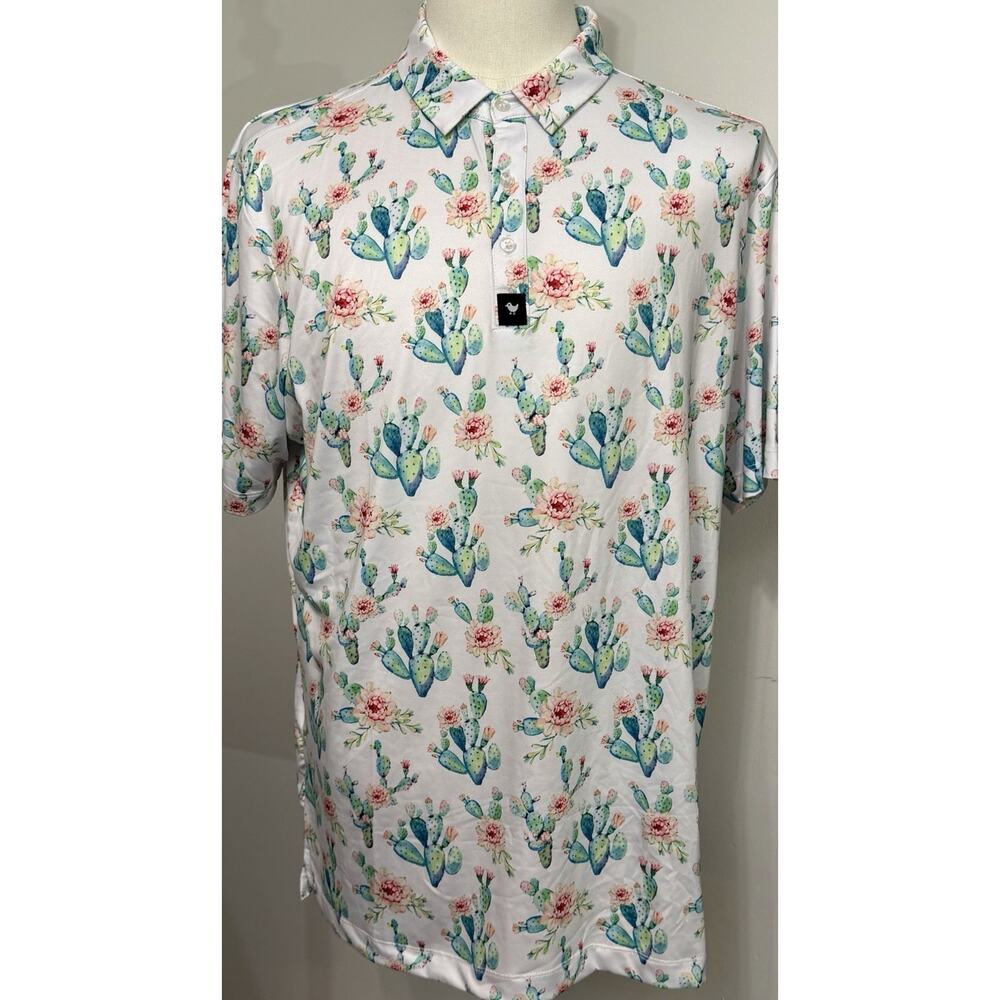 Bad Birdie Polo Shirt Mens XL Golf Western Cactus Plant AOP